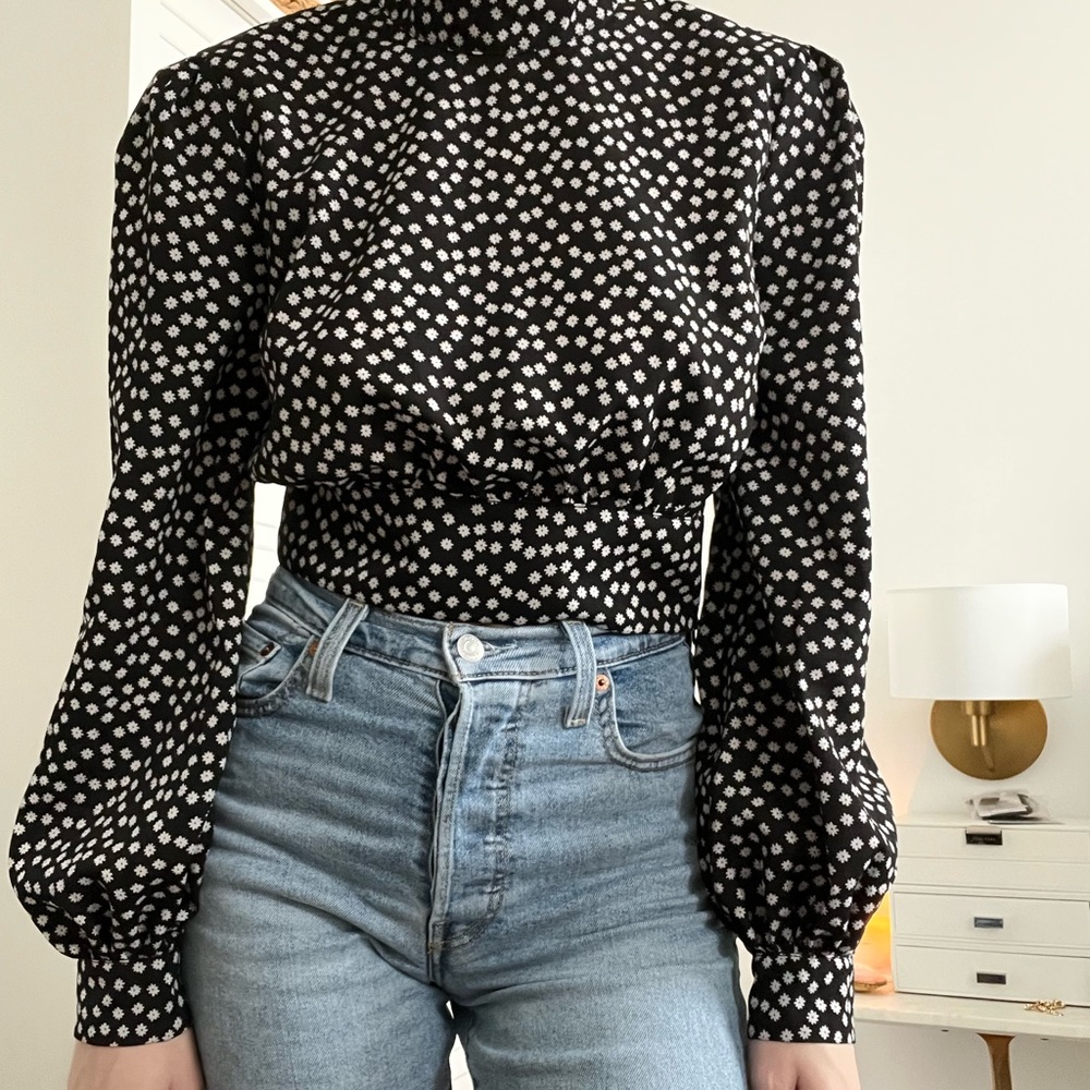 Black Mock Neck Floral Blouse